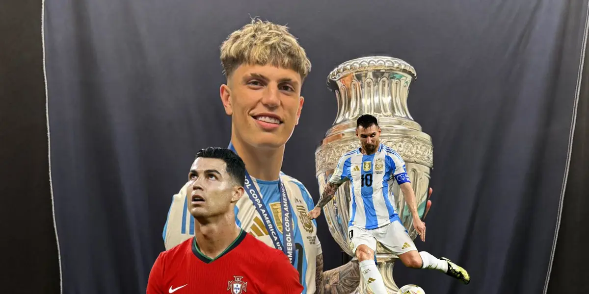 Alejandro Garnacho smiles as he lifts the Copa America trophy as Cristiano Ronaldo looks up and Lionel Messi kicks the ball. (Source: Alejandro Garnacho X, Messi Xtra, GOATTWORLD X)