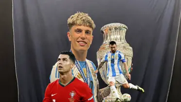 Alejandro Garnacho smiles as he lifts the Copa America trophy as Cristiano Ronaldo looks up and Lionel Messi kicks the ball. (Source: Alejandro Garnacho X, Messi Xtra, GOATTWORLD X)