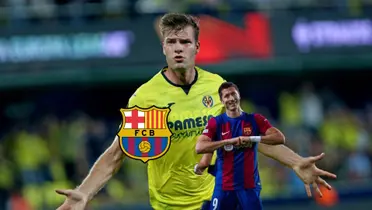 Alexander Sorloth celebrates his goal with a Villarreal jersey on while Robert Lewandowski celebrates his goal wearing an FC Barcelona jersey next to the Barca logo.