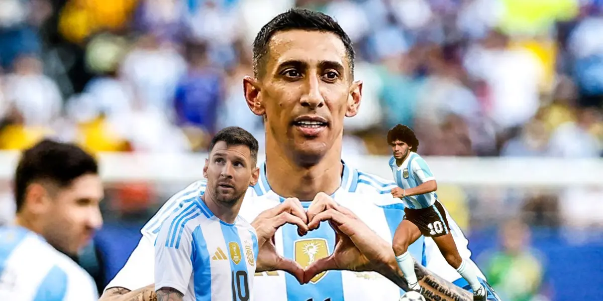 Angel Di Maria does his trademark celebration while Lionel Messi looks up and Diego Maradona dribbles with the ball.