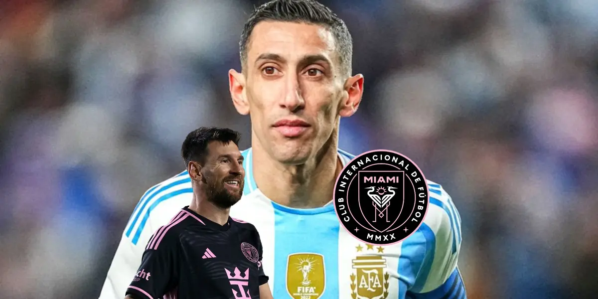 Angel Di Maria wears the Argentina jersey while Lionel Messi slightly smiles and the Inter Miami badge is next to him. (Source: All About Argentina X, Messi Xtra X)