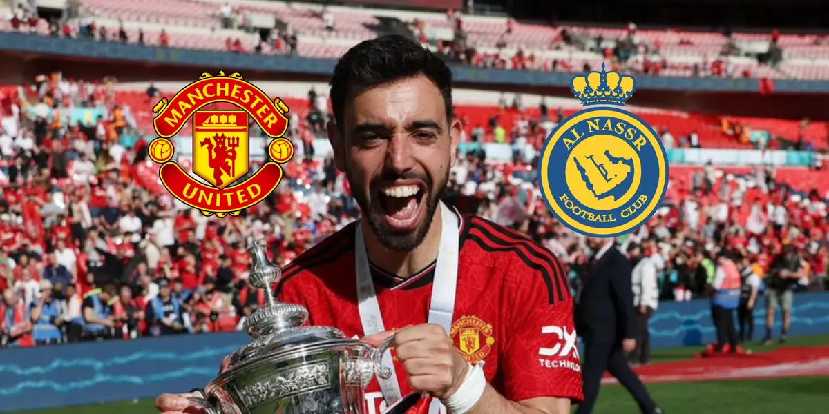 Bruno Fernandes celebrates with the FA Cup trophy; the Manchester United and the Al Nassr badges are next to him.