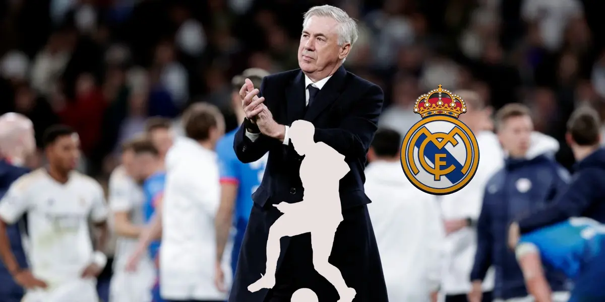 Carlo Ancelotti claps and smiles while a mystery player has the ball; the Real Madrid badge is next to them.