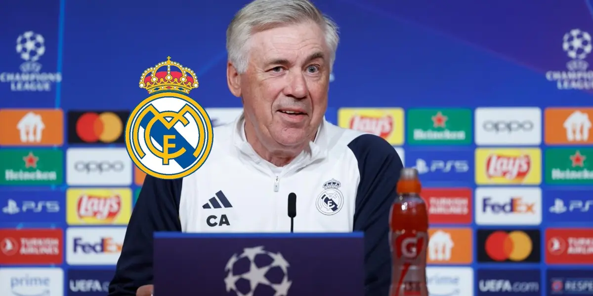 Carlo Ancelotti looks confused as he is in a press conference for the Champions League and the club badge is next to him. (Source: RMadridFrance X)