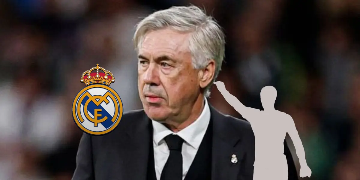 Carlo Ancelotti looks serious as the Real Madrid badge is below him and a mystery player is next to him. (Source: Fabrizio Romano X)