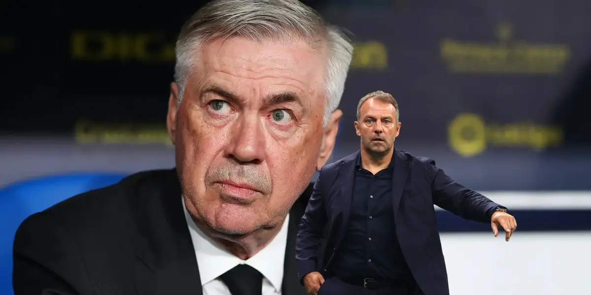 Carlo Ancelotti looks up while Hansi Flick points where an all black suit.