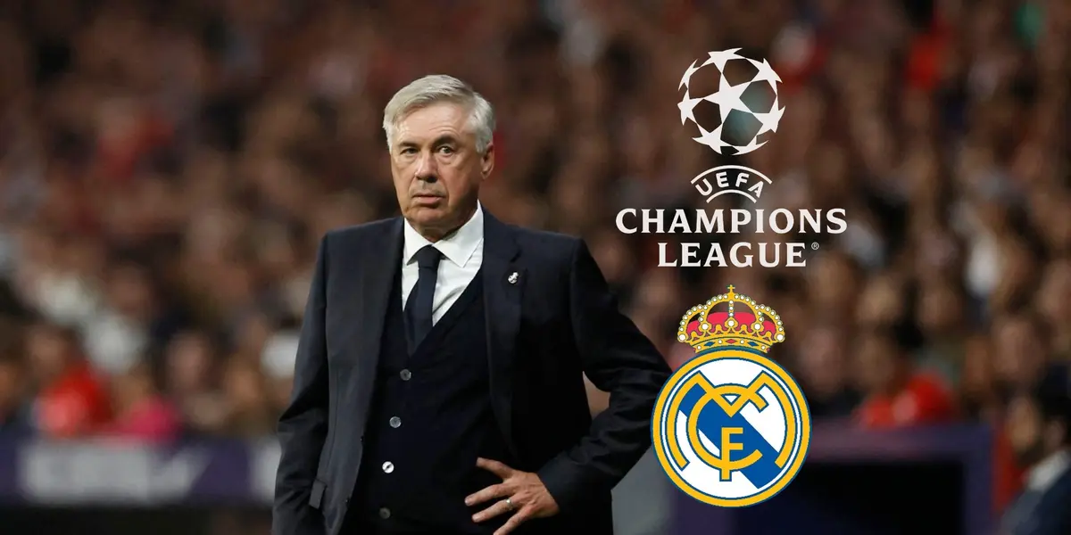 Carlo Ancelotti looks worried as his hand is on his hip; The Champions League logo and the Real Madrid logo are next to him.