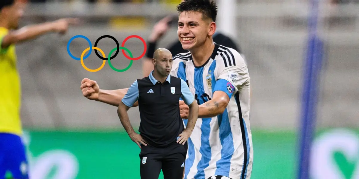 Claudio Echeverri celebrates a goal for Argentina while Javier Mascherano looks concerned and the Olympics icon is near them. (Source: Getty Images, Capodelsur X)