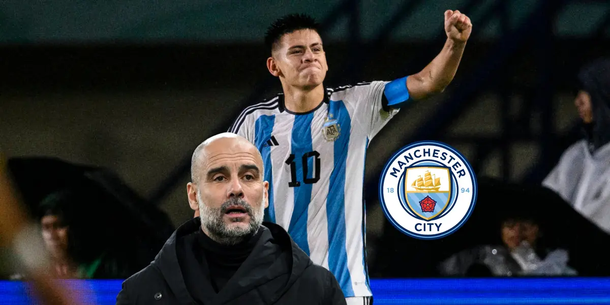 Claudio Echeverri celebrates a goal with the U17 Argentina team and Pep Guardiola looks concerned with a black jacket on while the Man City badge is next to him. (Source: SI Illustrated)