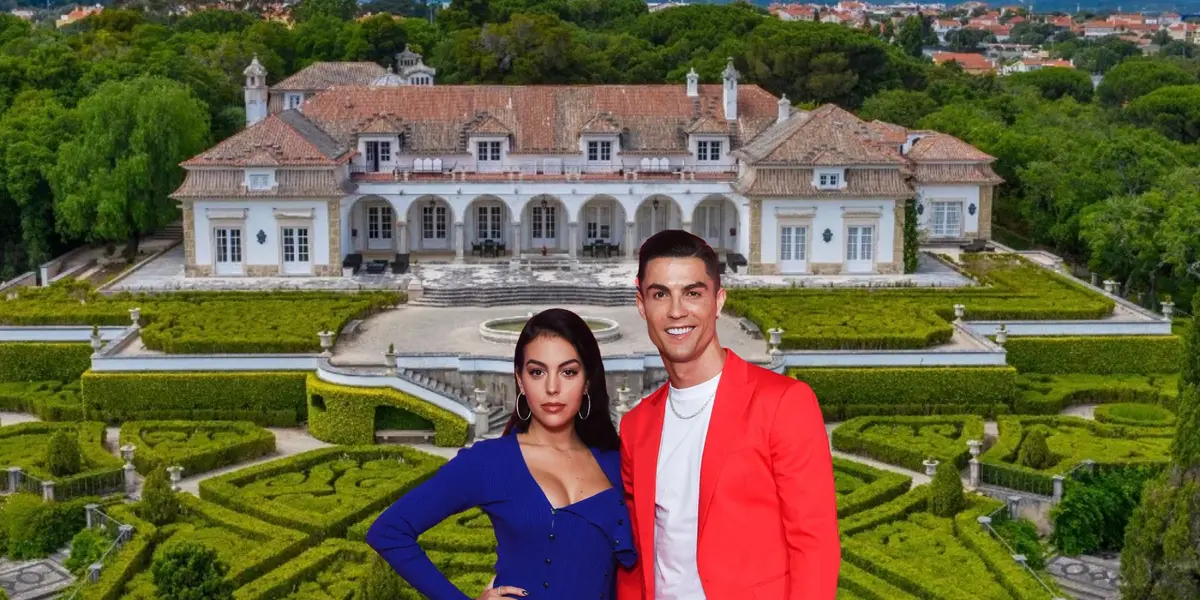 Cristiano Ronaldo and Georgina pose for a picture together while a huge mansion in Portugal is behind them. (Source: CORBIS/CORBIS, Portugal Sotheby's International Realty)