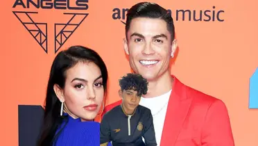 Cristiano Ronaldo and Georgina Rodriguez posing for a picture and Cristiano Ronaldo Jr smiling.