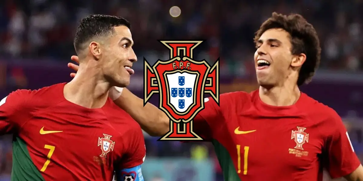 Cristiano Ronaldo and Joao Felix celebrate a goal together while wearing the Portuguese national team jerseys; the Portugal national team logo is in the middle.