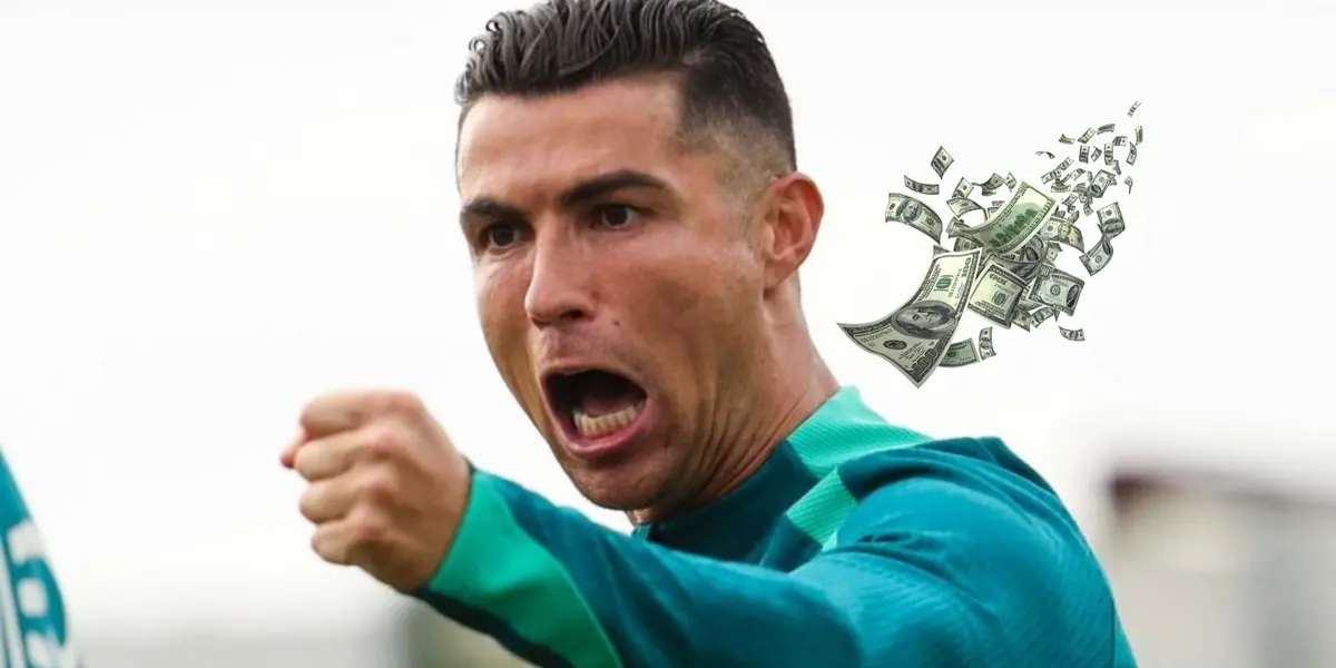 Cristiano Ronaldo celebrates a goal while wearing a long sleeve Portugal training kit and flying bills is next to him.