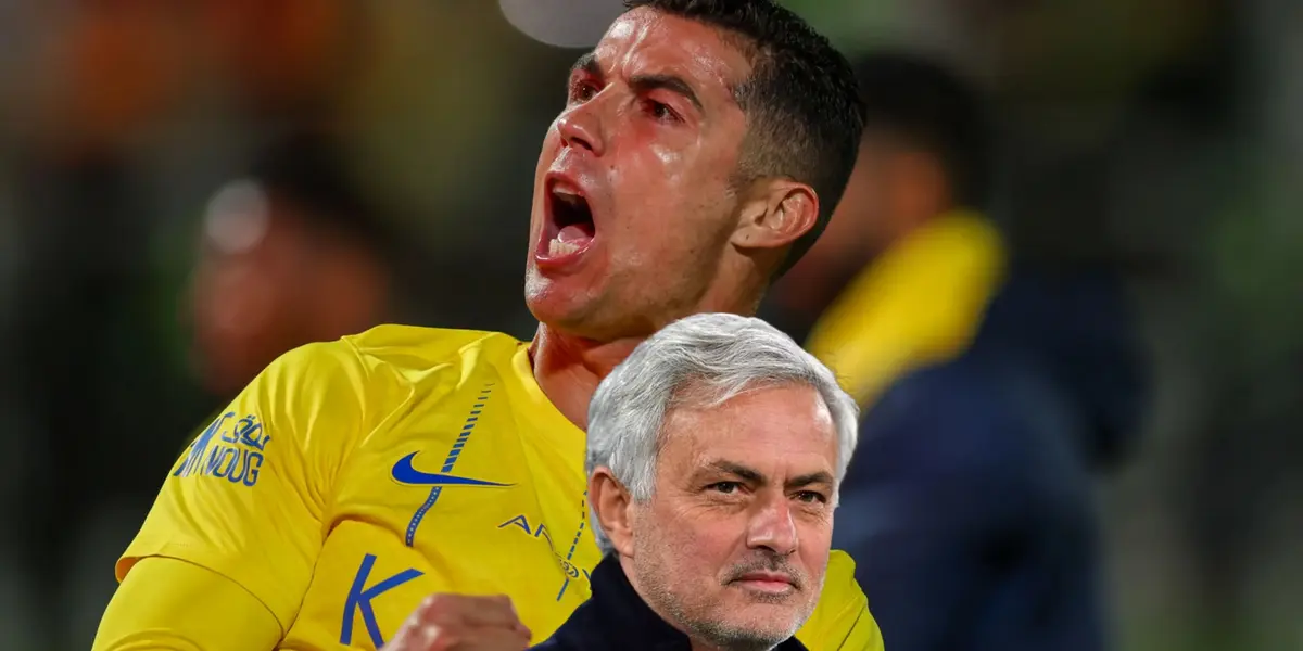 Cristiano Ronaldo celebrates an Al Nassr goal while Jose Mourinho smiles. 