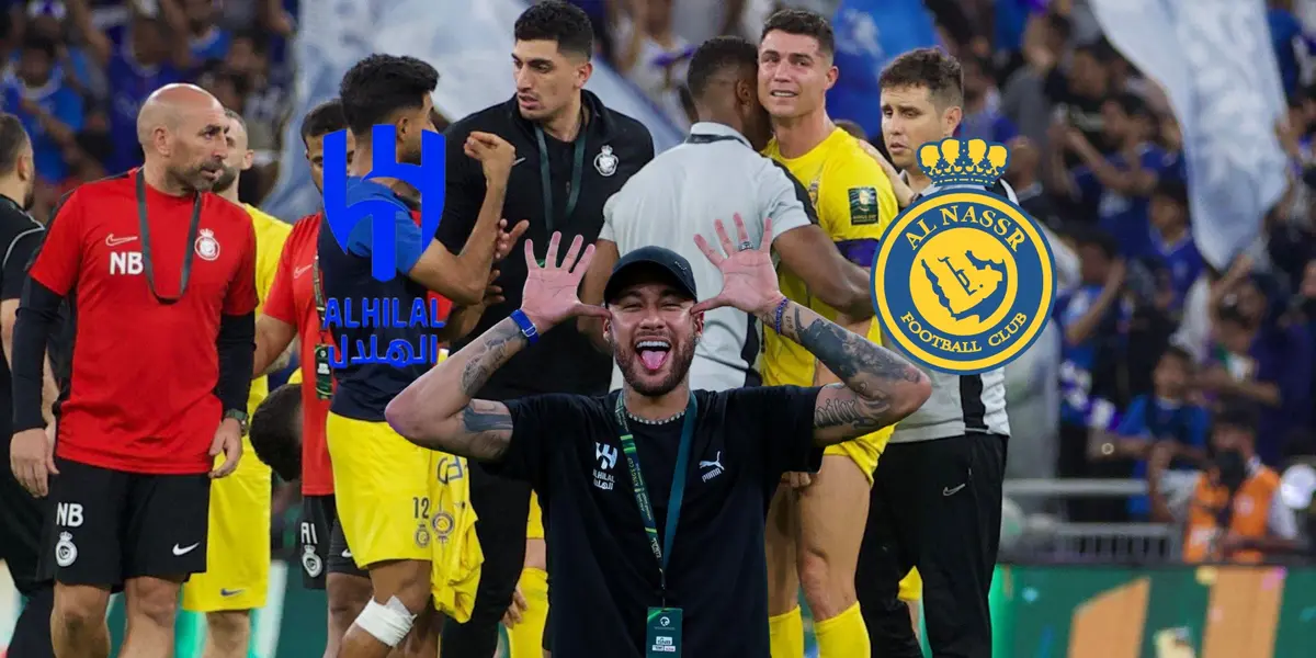 Cristiano Ronaldo is consoled by the Al Nassr staff while Neymar does his celebration while wearing a black Al Hilal shirt; the Al Hilal and Al Nassr logos are near them.