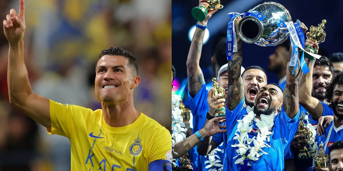 Cristiano Ronaldo is happy and has a finger up while Al Hilal celebrate by lifting the Saudi Pro League trophy.