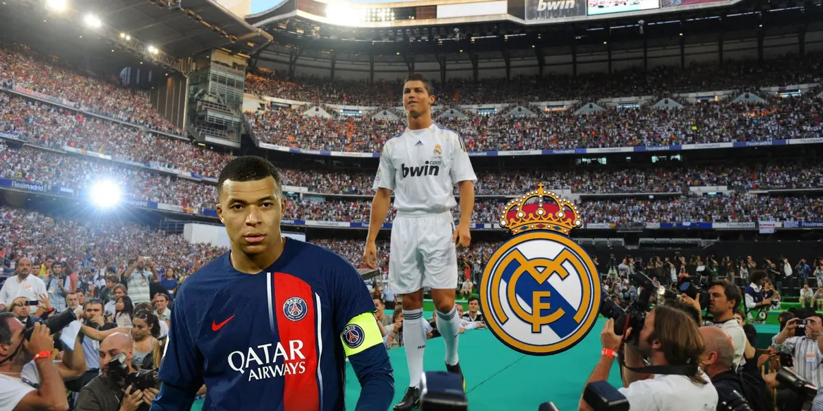 Cristiano Ronaldo is presented at the Santiago Bernabeu while Kylian Mbappé is wearing the PSG jersey; the Real Madrid logo is next to him.