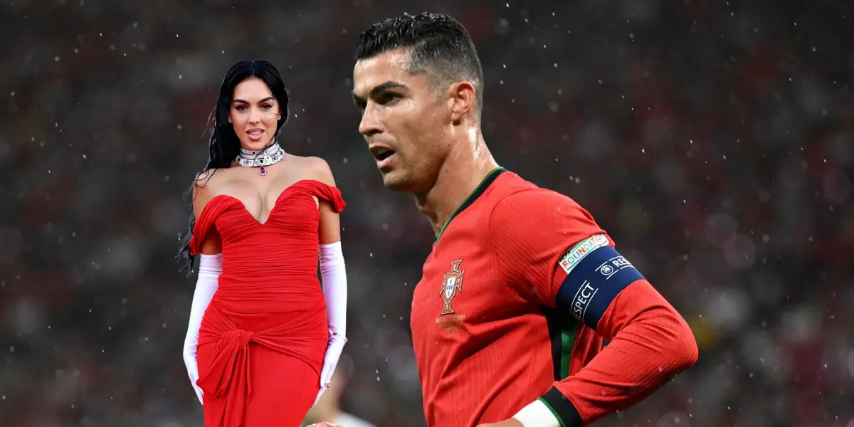 Cristiano Ronaldo jogs with a Portugal jersey on while Georgina Rodriguez wears a red dress with jewelry on. (Source: Getty Images, GOATTWORLD X)