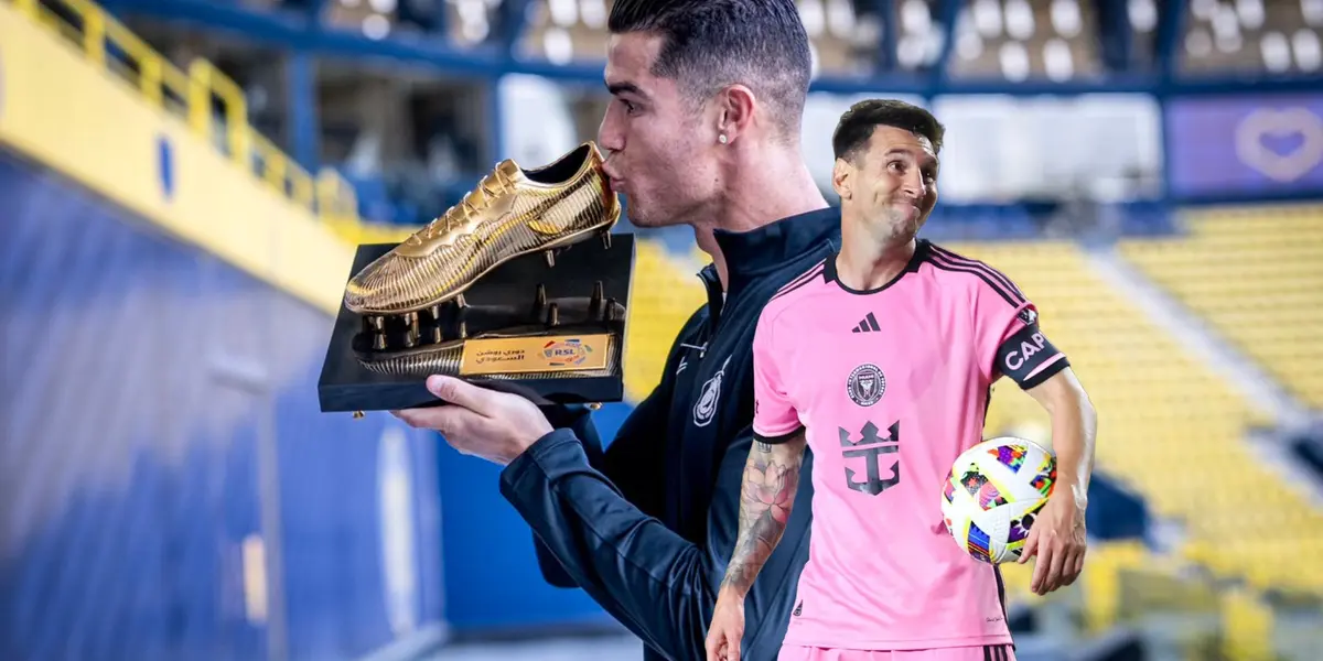 Cristiano Ronaldo kisses his goalscoring award while Lionel Messi smiles and holds a football.