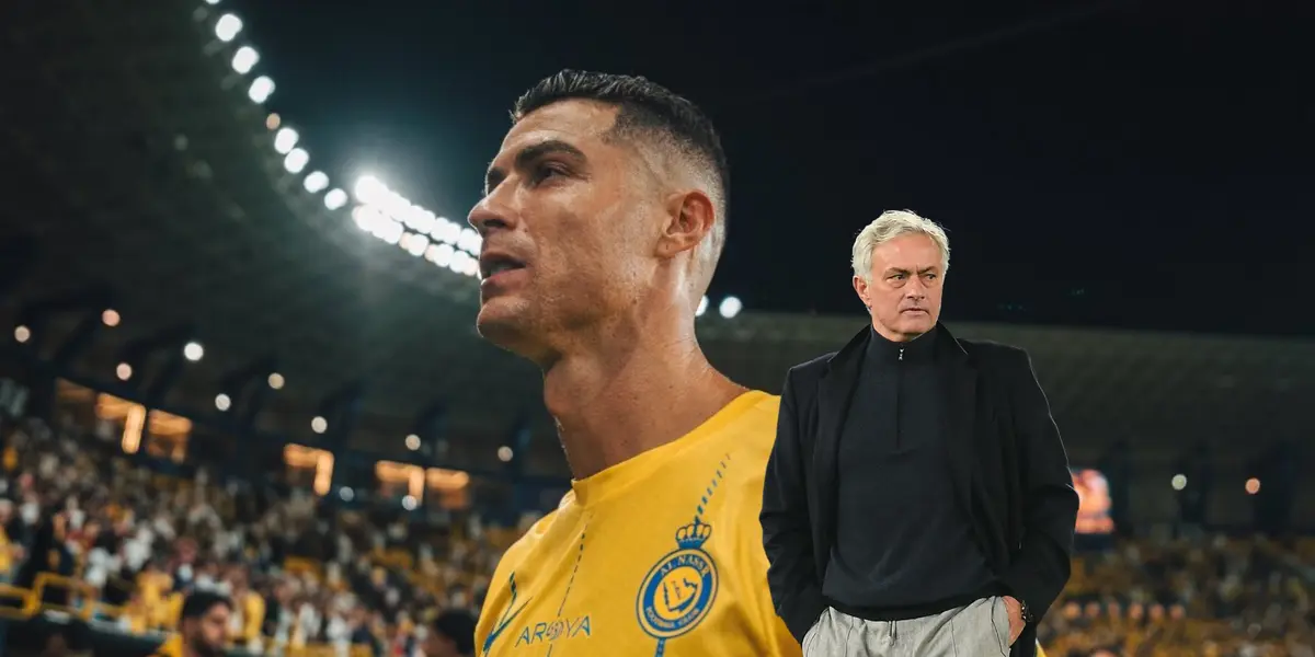 Cristiano Ronaldo looking at the crowd with an Al Nassr shirt and Jose Mourinho looking to his left with a black sweater and coat.