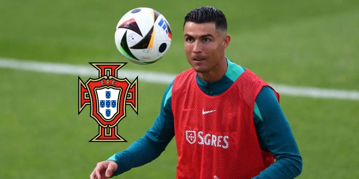 Cristiano Ronaldo looks at the ball while wearing the Portugal training kit; the Portugal national team badge is next to him.