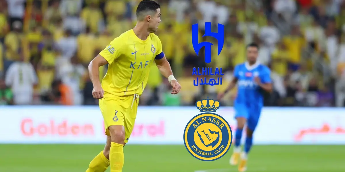 Cristiano Ronaldo looks back while wearing the Al Nassr kit; the Al Nassr and Al Hilal badges are next to him.