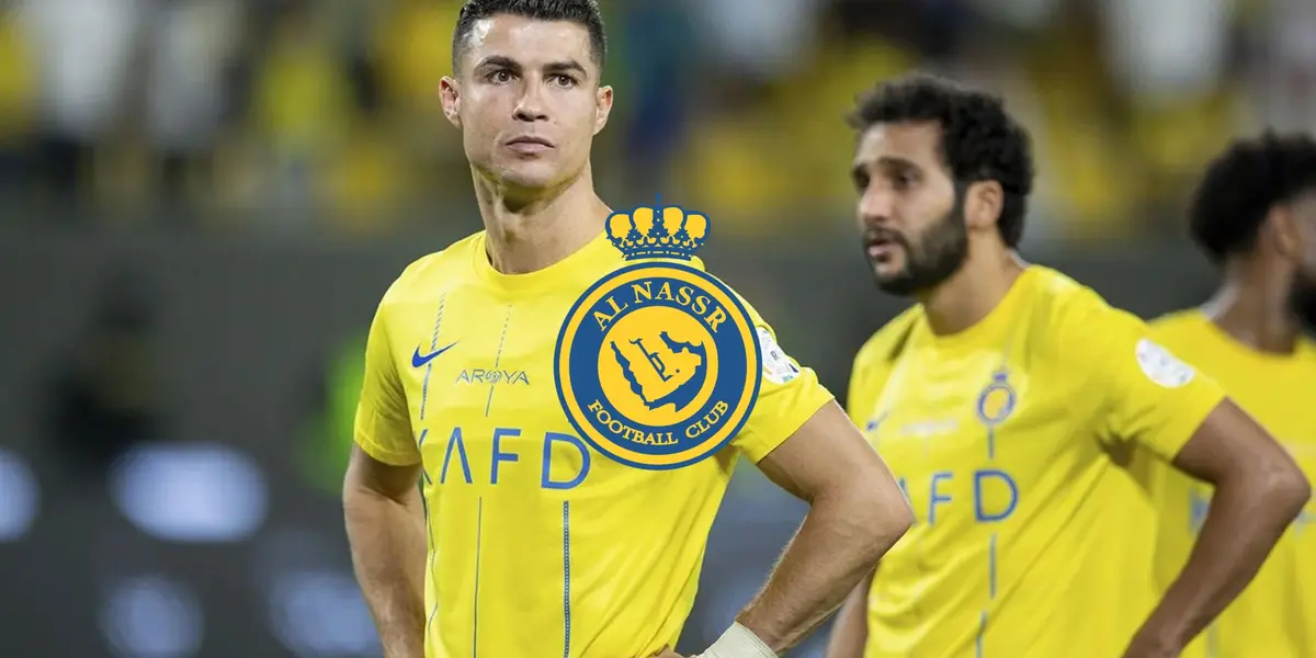 Cristiano Ronaldo looks disappointed while his hands are on his hips; the Al Nassr badge is in the middle.