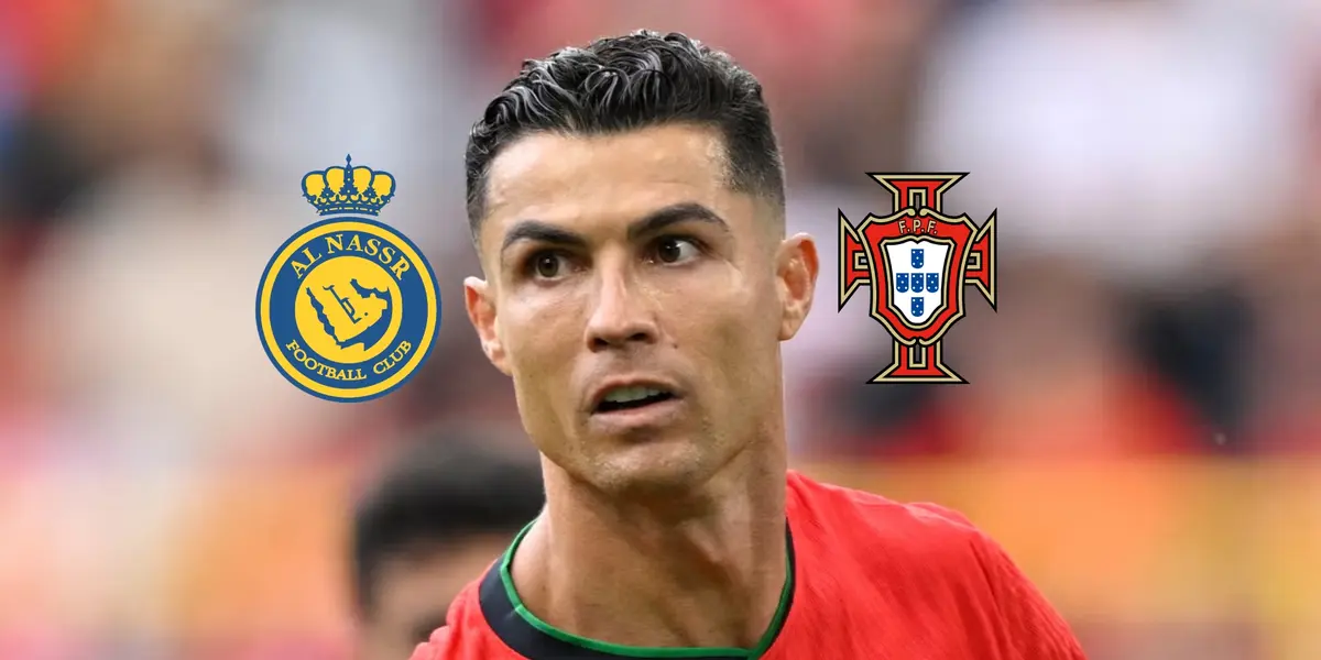 Cristiano Ronaldo looks surprised as he wears the Portugal jersey; the Al Nassr and the Portugal national team badges are on the side to him. (Source: The Independent)