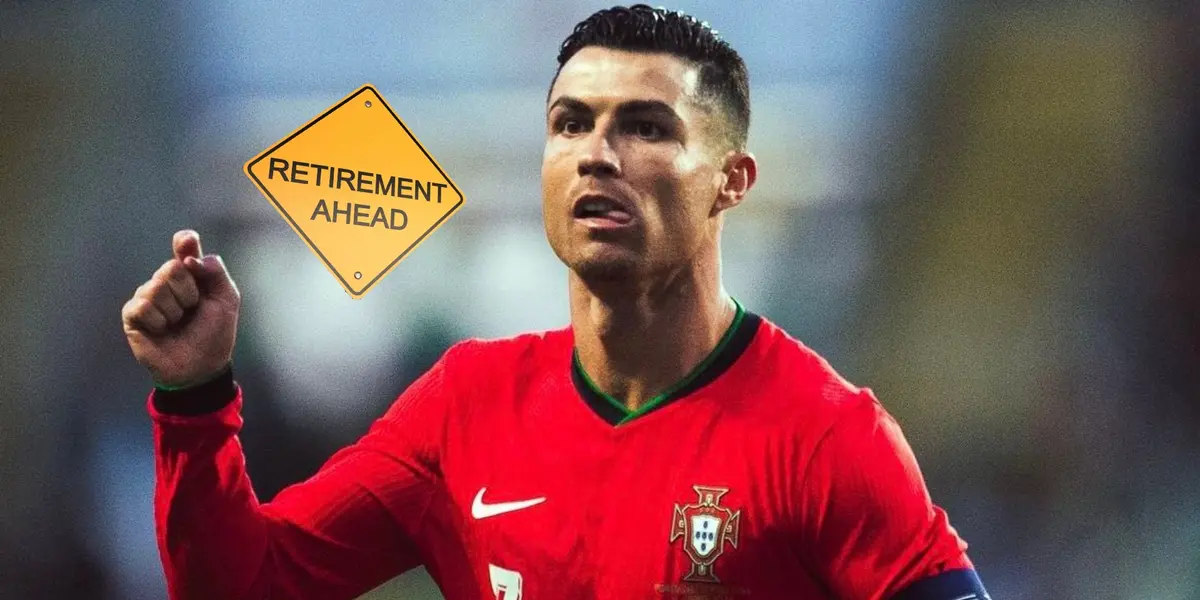 Cristiano Ronaldo points to the ground while wearing the Portugal national team jersey and the 'Retirement Ahead' sign is next to him.