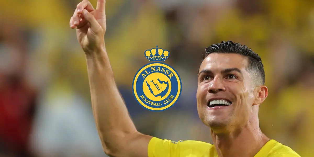 Cristiano Ronaldo points up with an Al Nassr jersey and an Al Nassr badge is in the middle.