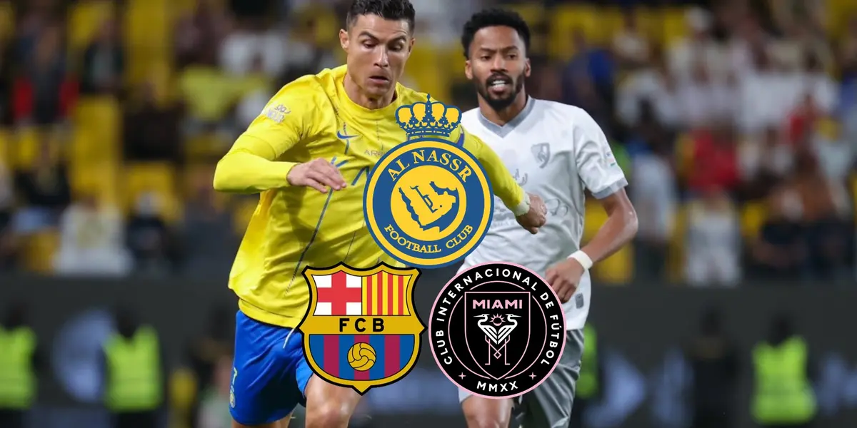 Cristiano Ronaldo runs with the ball with an Al Nassr jersey; the Al Nassr badge is above the FC Barcelona and Inter Miami badges. (Source: GOATTWORLD X)