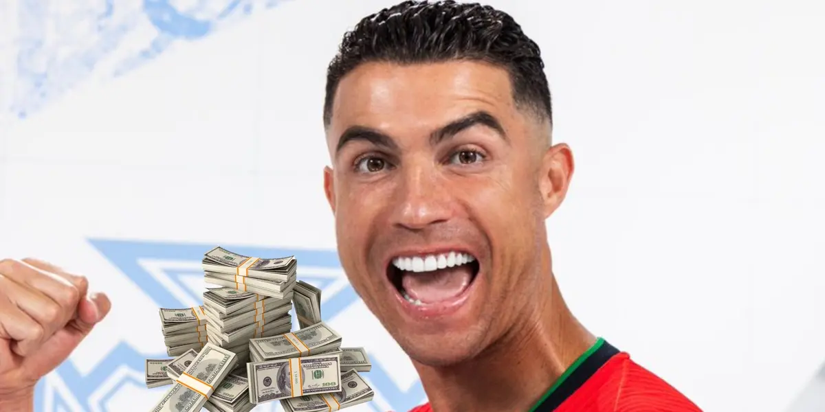 Cristiano Ronaldo screams with joy as he wears the new Portugal EURO national team jersey and a stack of cash is next to him.