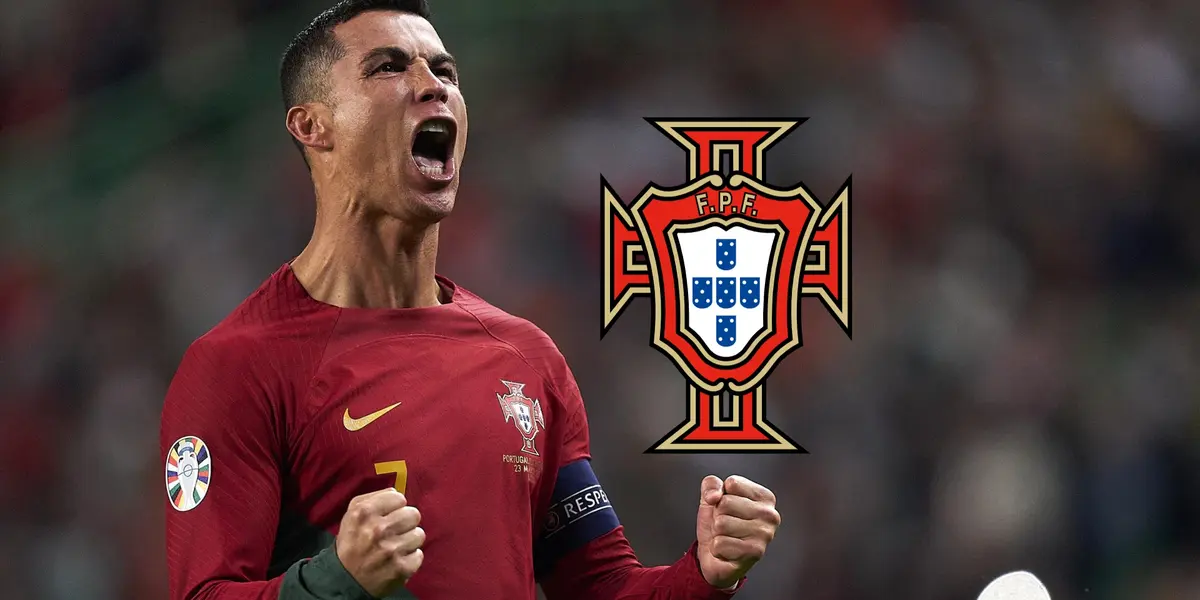 Cristiano Ronaldo screams with joy while wearing the Portugal national team; the Portugal national team logo is next to him.