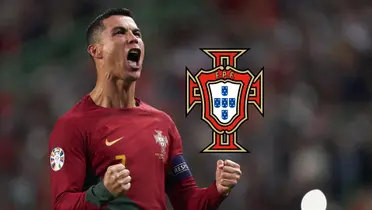 Cristiano Ronaldo screams with joy while wearing the Portugal national team; the Portugal national team logo is next to him.