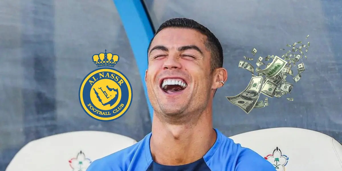 Cristiano Ronaldo sitting on the bench laughing with an Al Nassr logo and flying money bills next to him.