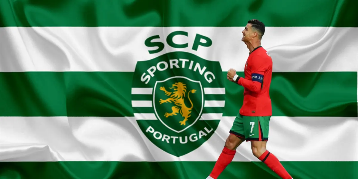 Cristiano Ronaldo smiles and celebrates while wearing the Portugal jersey; the Sporting CP Flag is in the background.