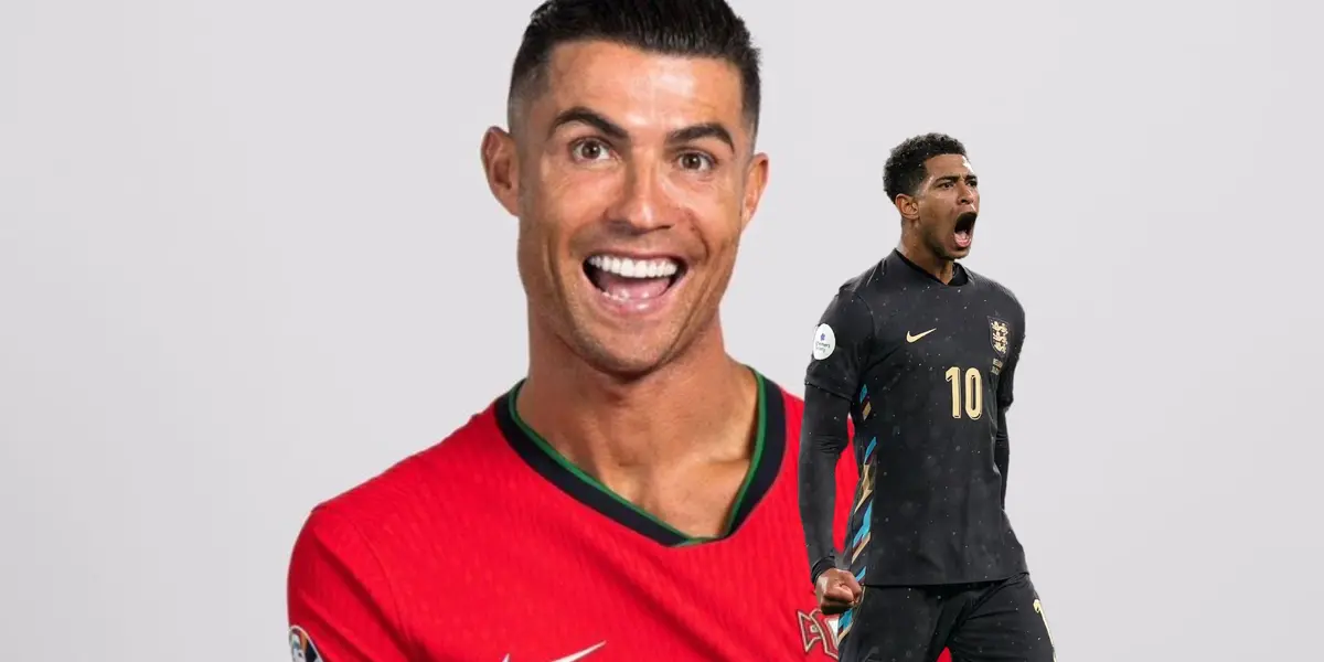 Cristiano Ronaldo smiles to the camera while wearing the Portugal jersey and Jude Bellingham shouts while wearing the England jersey.