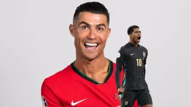 Cristiano Ronaldo smiles to the camera while wearing the Portugal jersey and Jude Bellingham shouts while wearing the England jersey.