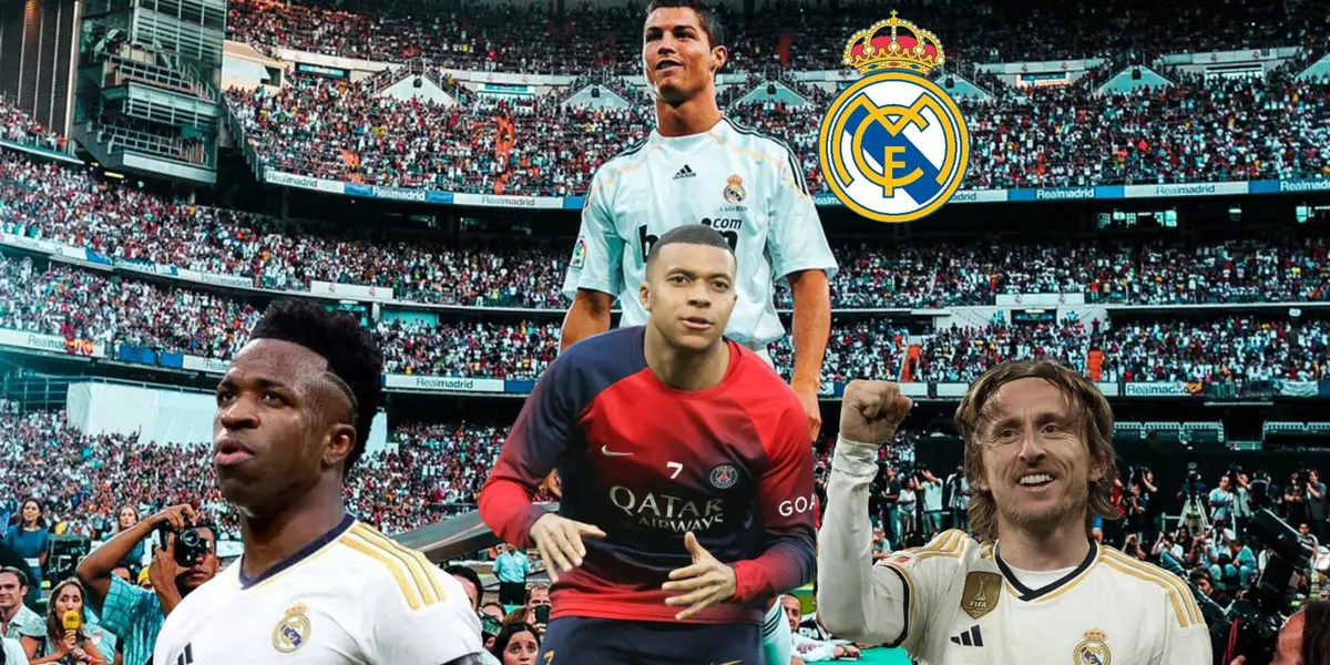 Cristiano Ronaldo smiles while being presented as a new Real Madrid player; Luka Modric and Vinicius Jr are wearing the Real Madrid kit while Kylian Mbappé is focused.