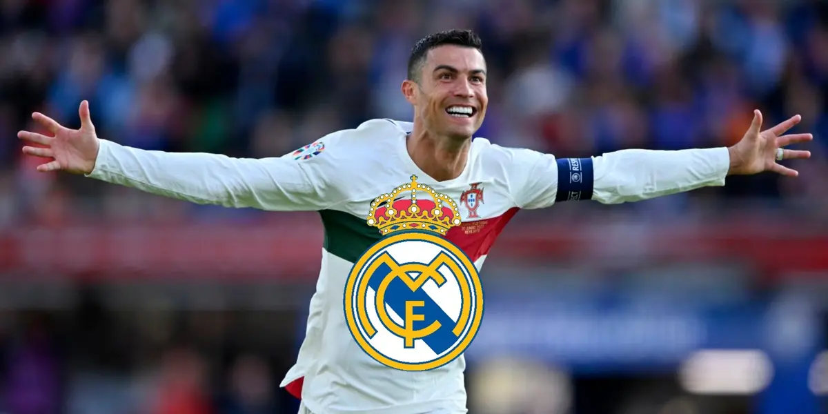 Cristiano Ronaldo smiles while wearing a white Portugal national team jersey and a Real Madrid badge is in the middle.