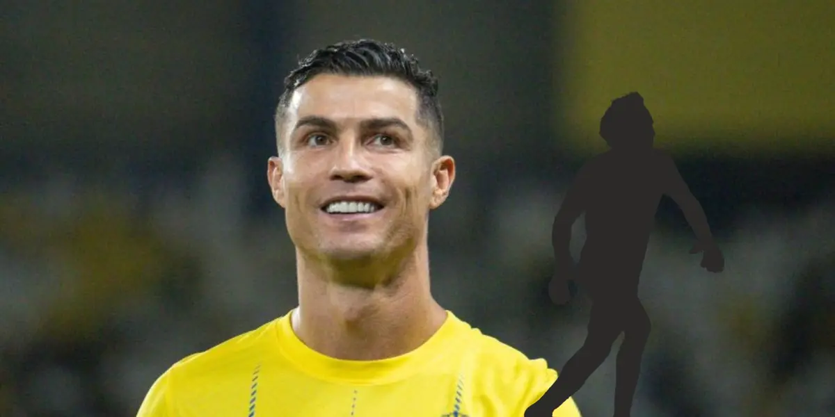 Cristiano Ronaldo smiles while wearing an Al Nassr jersey and the mystery player is next to him.