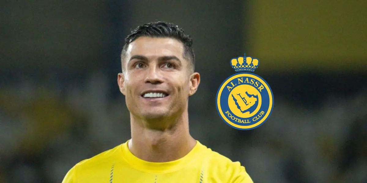 Cristiano Ronaldo smiles while wearing the Al Nassr jersey and the Al Nassr badge is next to him.