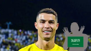 Cristiano Ronaldo smiles with an Al Nassr kit on and a mystery player has the flag of Saudi Arabia.