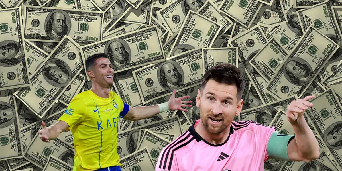 Cristiano Ronaldo smiles with his arms out wearing an Al Nassr kit while Lionel Messi looks make order with an Inter Miami kit; a background of hundred dollar bills.