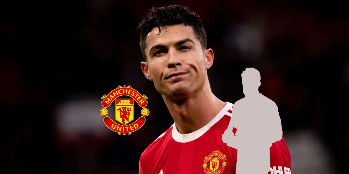 Cristiano Ronaldo squints his eyes as he wears the Manchester United jersey while the Man United badge is next to a mystery player. (Source: Getty Images)