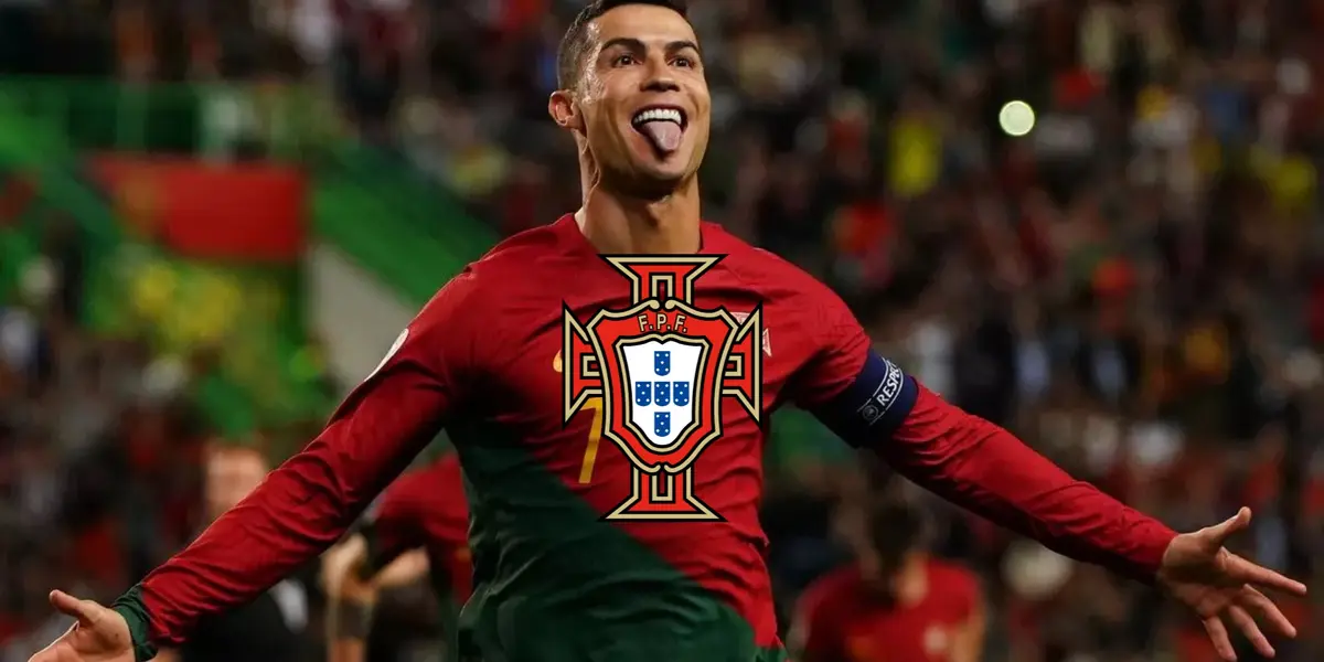 Cristiano Ronaldo sticks his tongue out while wearing the Portugal national team jersey; the Portugal national team logo is in the middle.