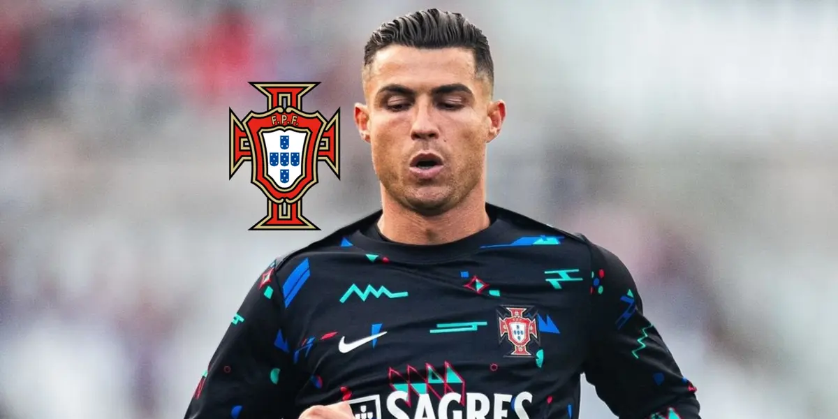 Cristiano Ronaldo takes a deep breath while wearing a Portugal training kit; the Portugal national team badge is next to him.