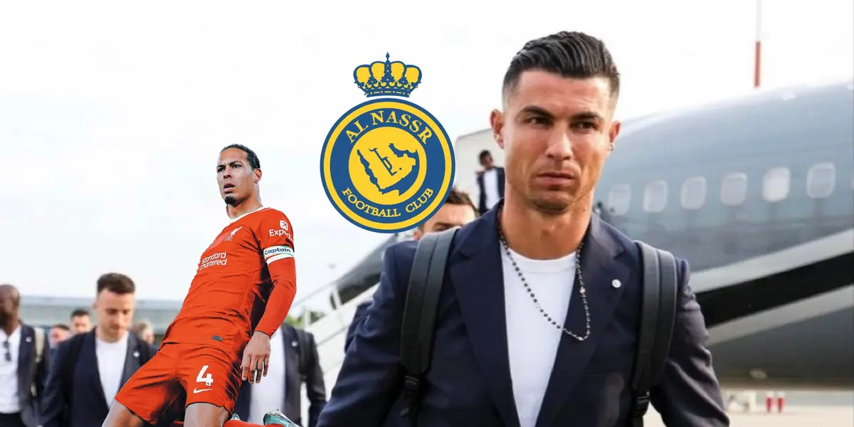 Cristiano Ronaldo walks with a suit on while Virgil Van Dijk slides while wearing the Liverpool jersey; the Al Nassr badge is next to them.