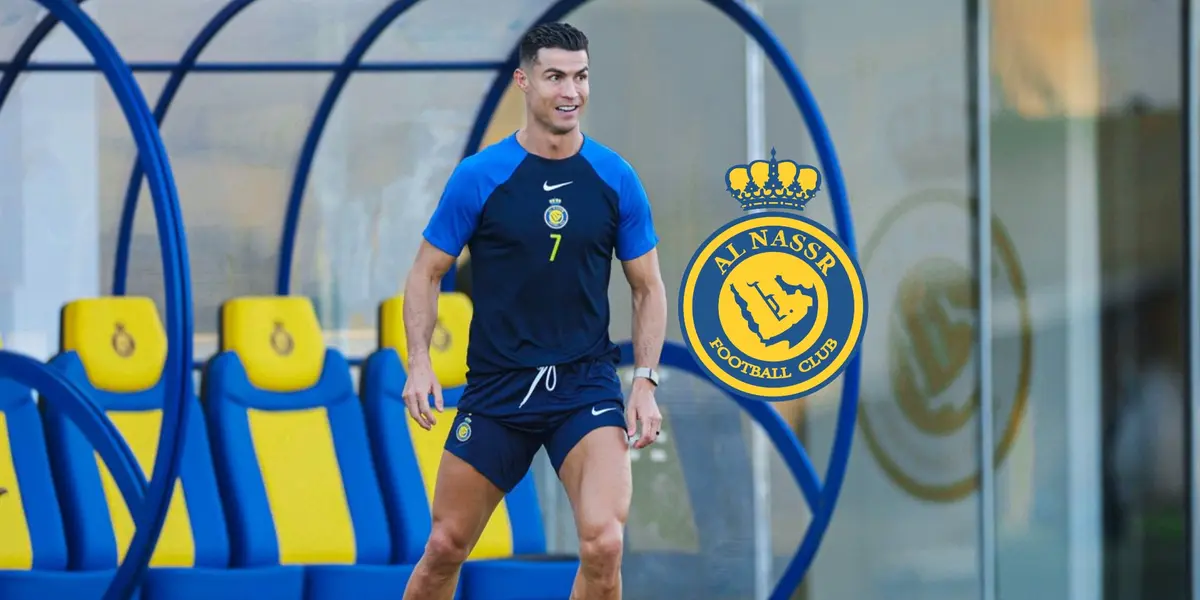 Cristiano Ronaldo wears an Al Nassr training kit while the Al Nassr badge is next to him.