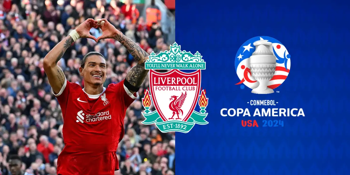 Darwin Nuñez celebrates a Liverpool goal with a heart gesture, the Copa America 2024 Logo is next to him and the Liverpool badge is in the middle.